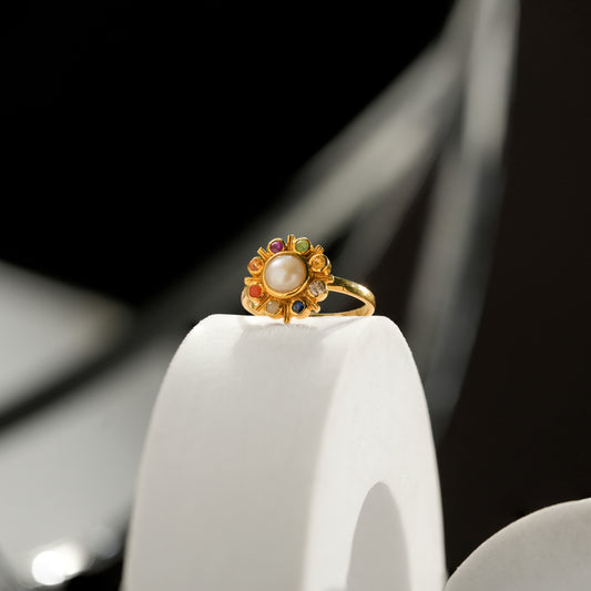 14K Solid Gold Navratna Pearl Halo Ring