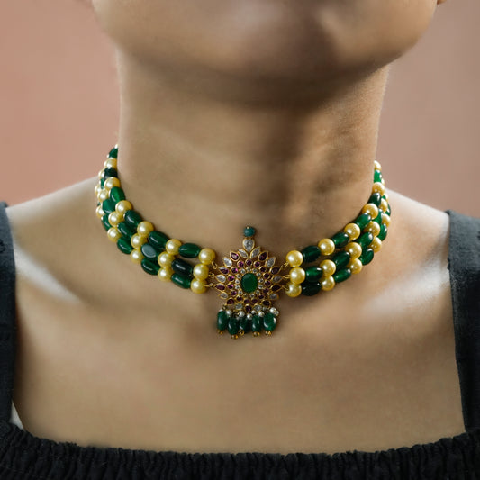 14k Gold Emerald & Pearl Multi-Strand Kundan Necklace Set with Floral Pendant