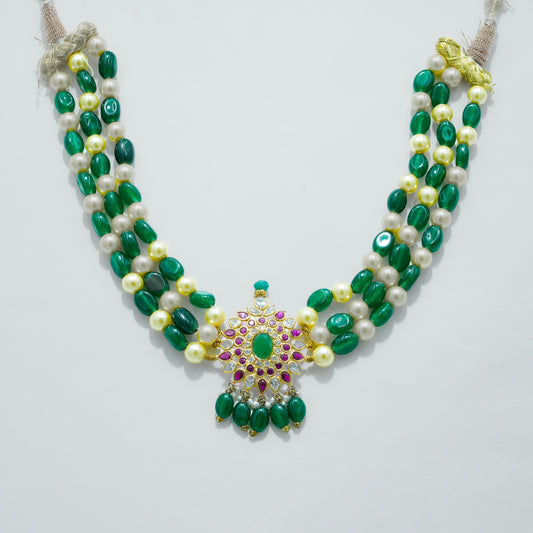 14k Gold Emerald & Pearl Multi-Strand Kundan Necklace Set with Floral Pendant