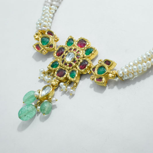 22k Yellow Pearl Strand Necklace with Multicolor Gemstone