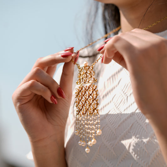 18K Gold Polki Pearl Tassel Pendant Necklace