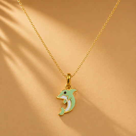 Cute Enamel Green Dolphin Pendant 18K Gold Plated Marine Charm