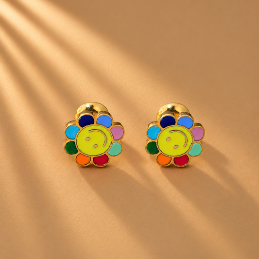 Colorful Enamel Smile Face Studs 18K Gold Plated Rainbow Flower Earrings Girls