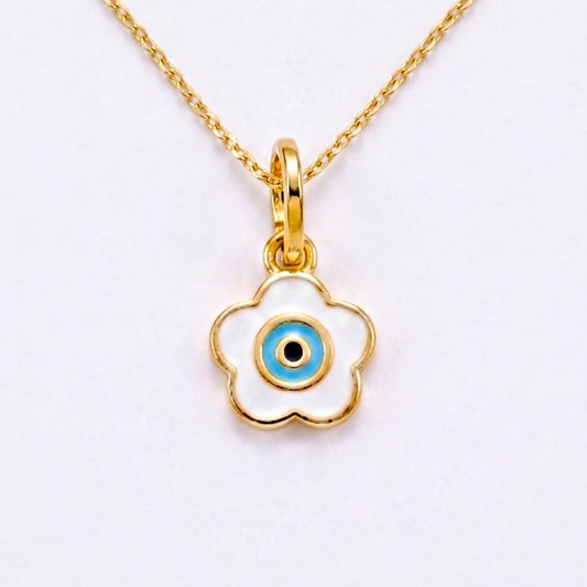 White Flower Evil Eye 18k Gold Plated Enamel Charm Pendant