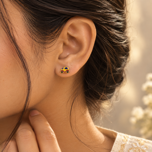 Cute Yellow Car Earrings 18K Gold Plated Screw Back Enamel Studs for Girls