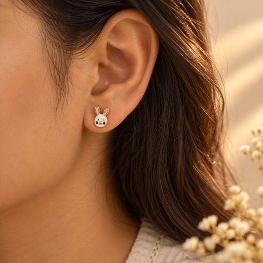Cute Bunny Earrings 18K Gold Plated Screw Back Enamel Rabbit Studs for Girls