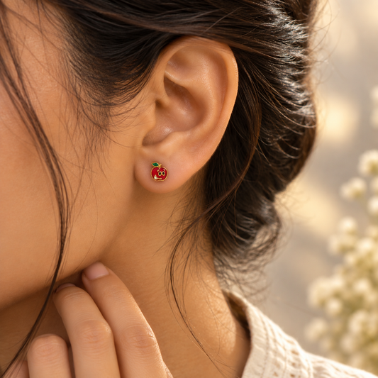 Red Apple Earrings 18K Gold Plated Screw Back Studs for Girls