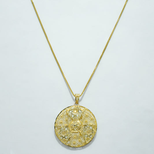 22k Gold Geometric Floral Pendant Necklace Set with Matching Stud Earrings