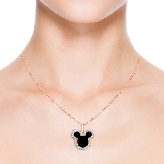 14K Rose Gold Simulant Diamond Black Enamel Mickey Pendant