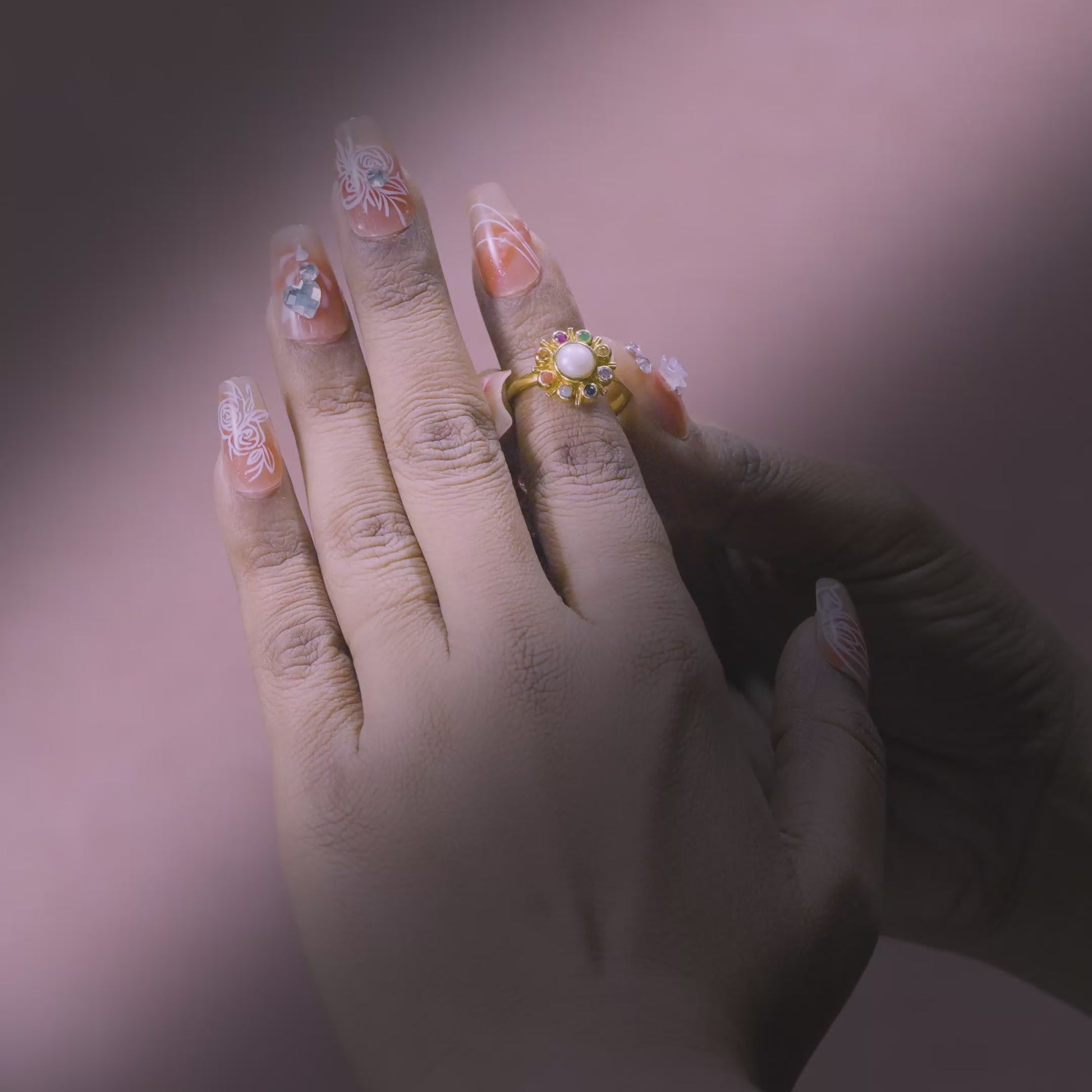 14K Solid Gold Navratna Pearl Halo Ring