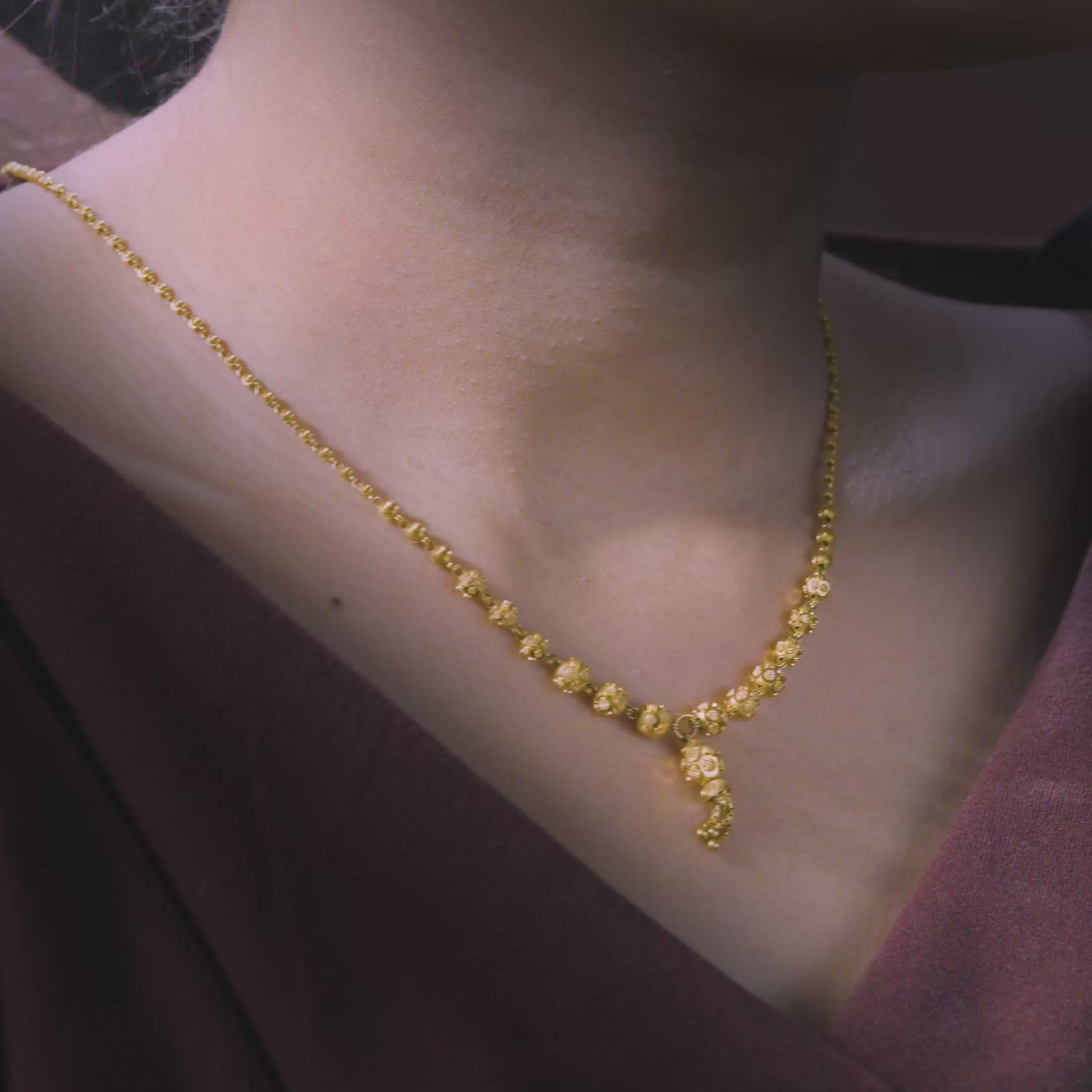 22k Yellow Gold Floral Bead Drop Gold Necklace with Textured Detailing