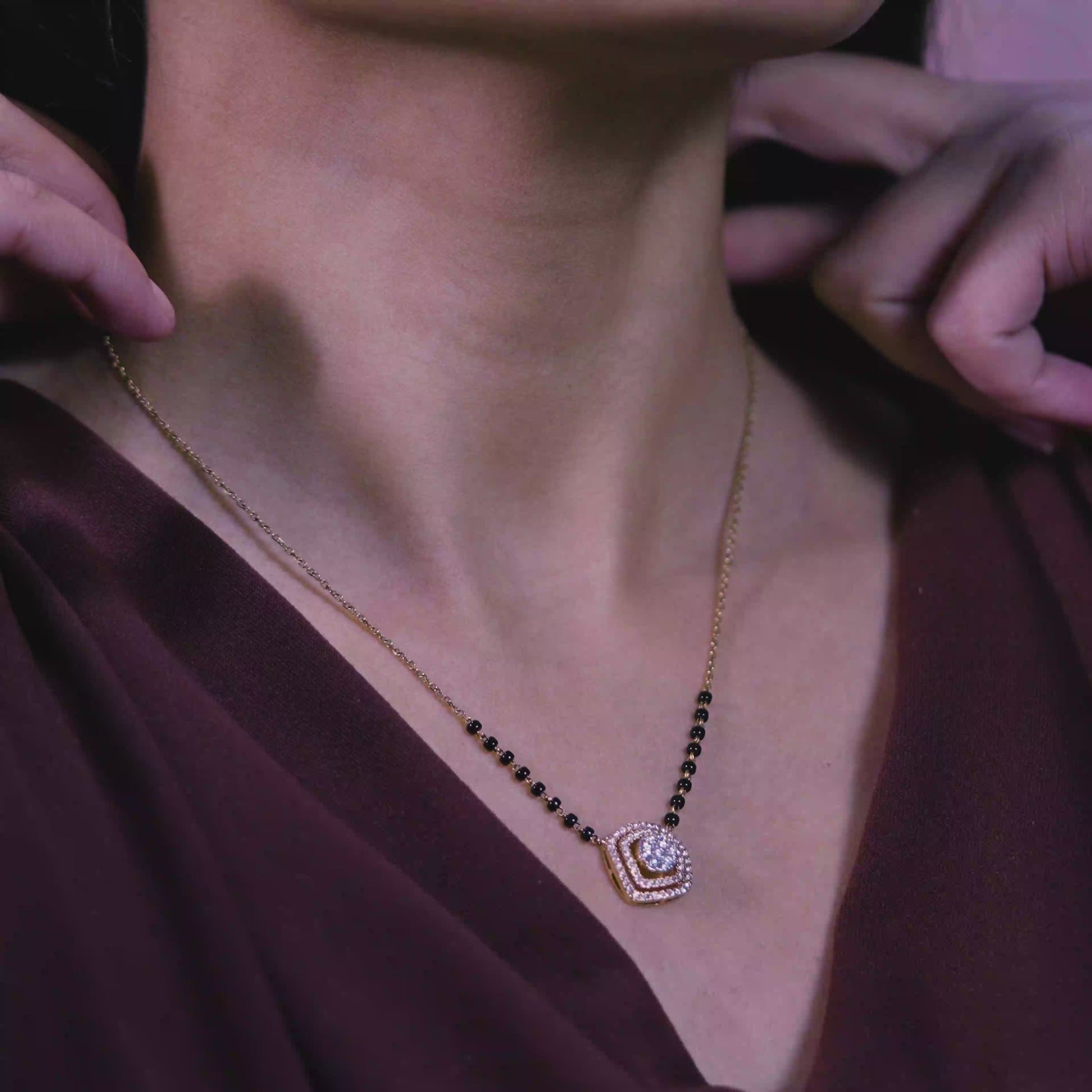 18K Solid Gold Natural Diamond Square Motif Mangalsutra Pendant