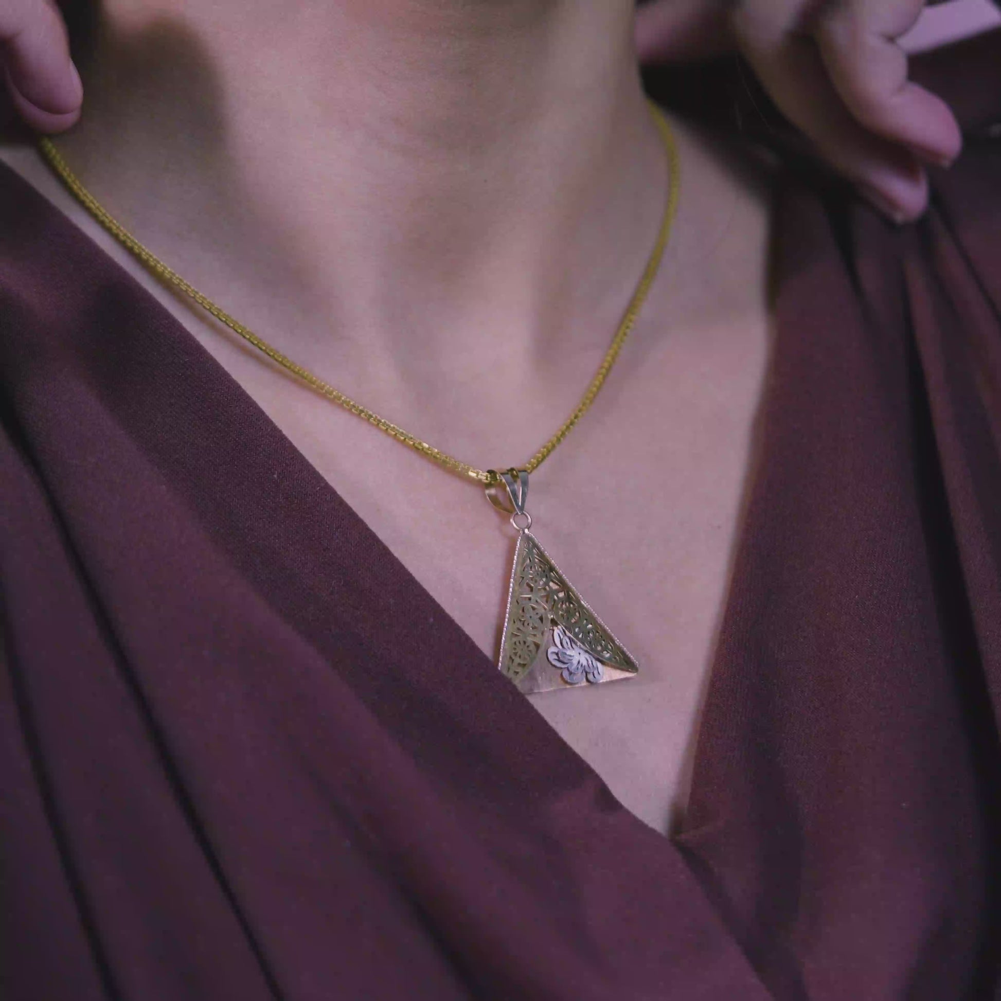 18K Solid Gold Geometric Triangle Pendant Necklace