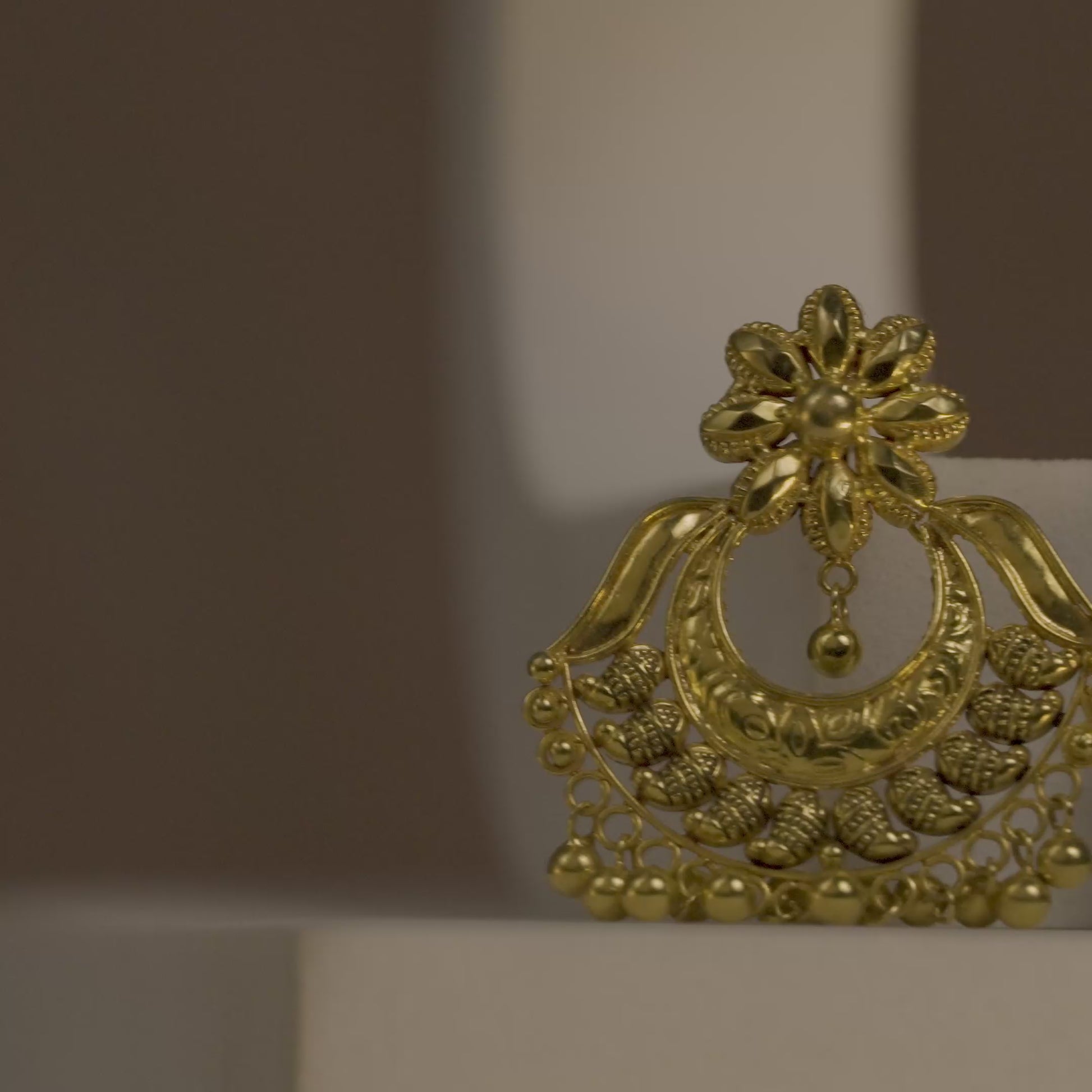 22k Yellow Gold Antique Finish Traditional Gold Chandbali Earrings