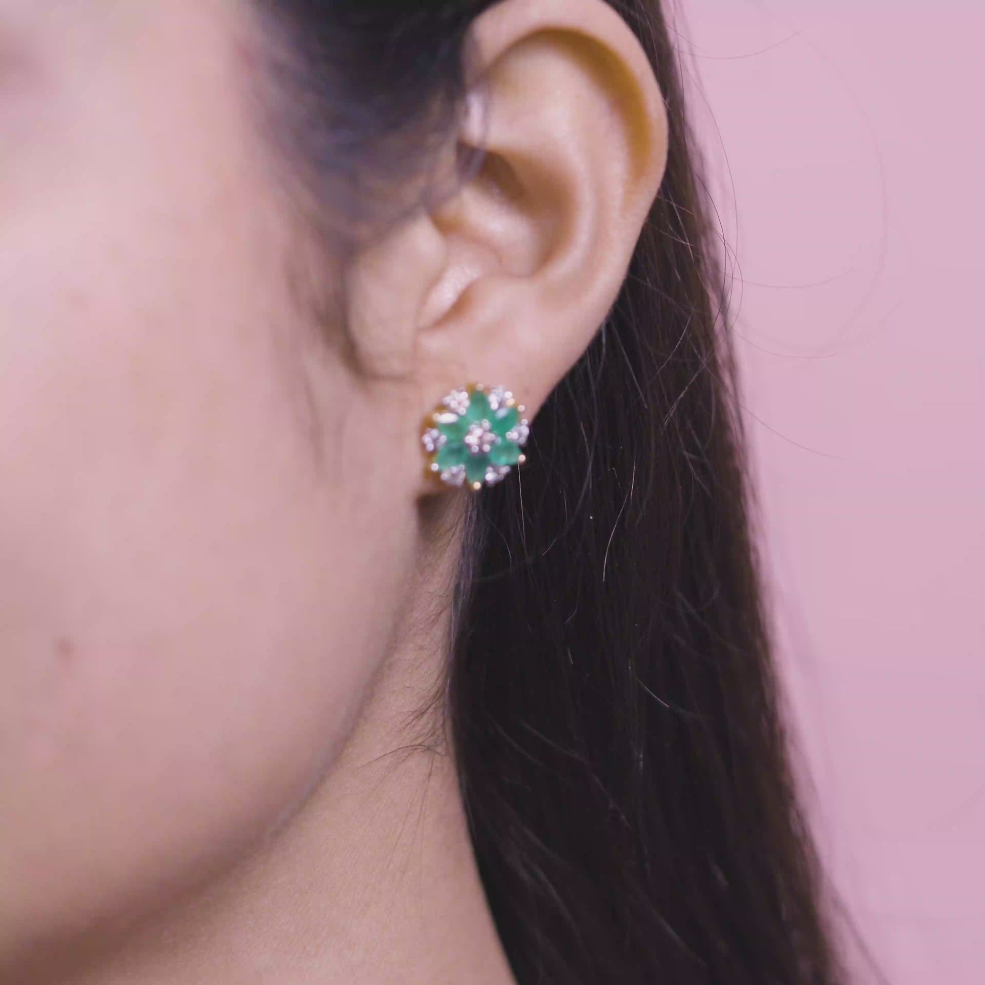 14K Solid Gold Emerald & Diamond Floral Stud Earrings in