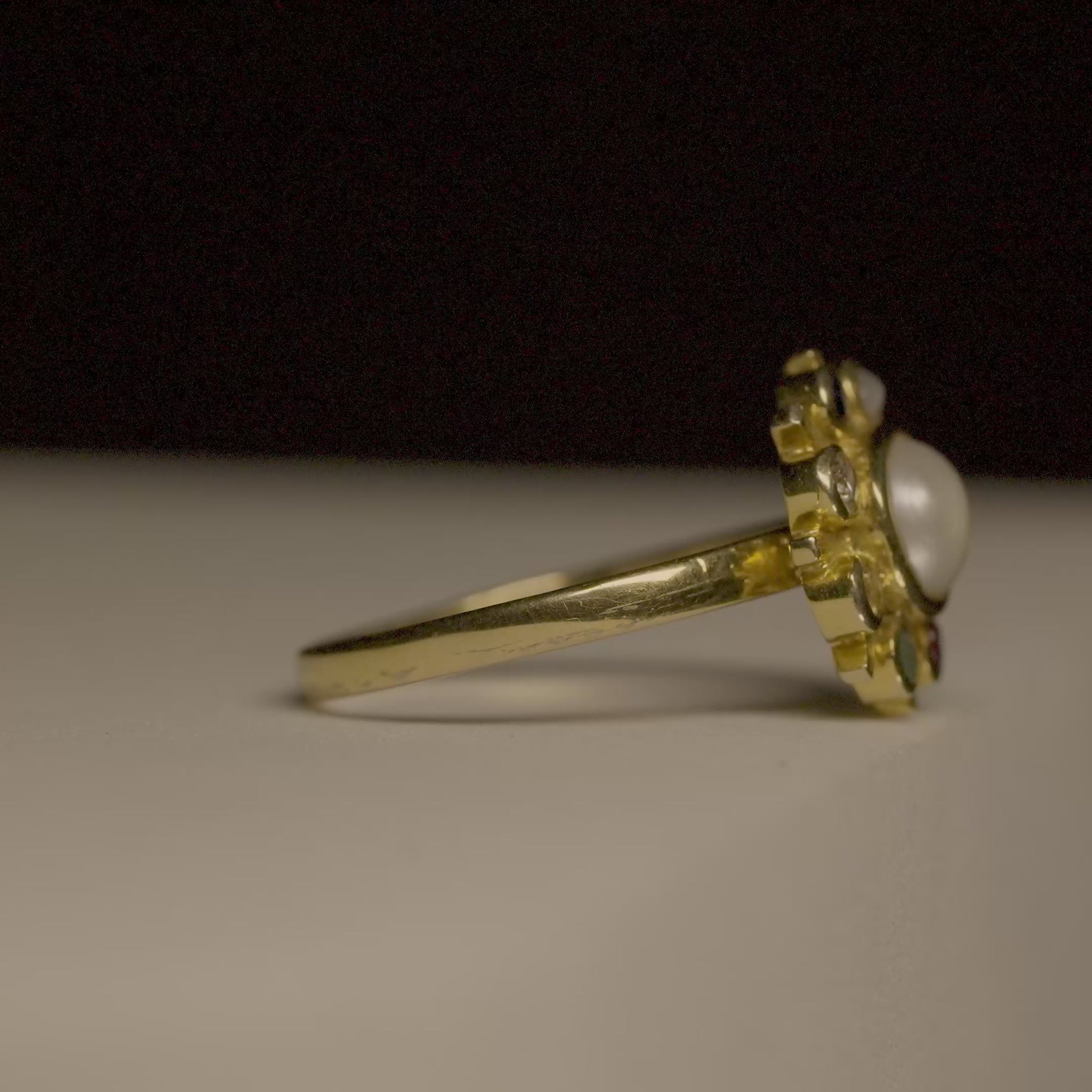 14K Solid Gold Navratna Pearl Halo Ring