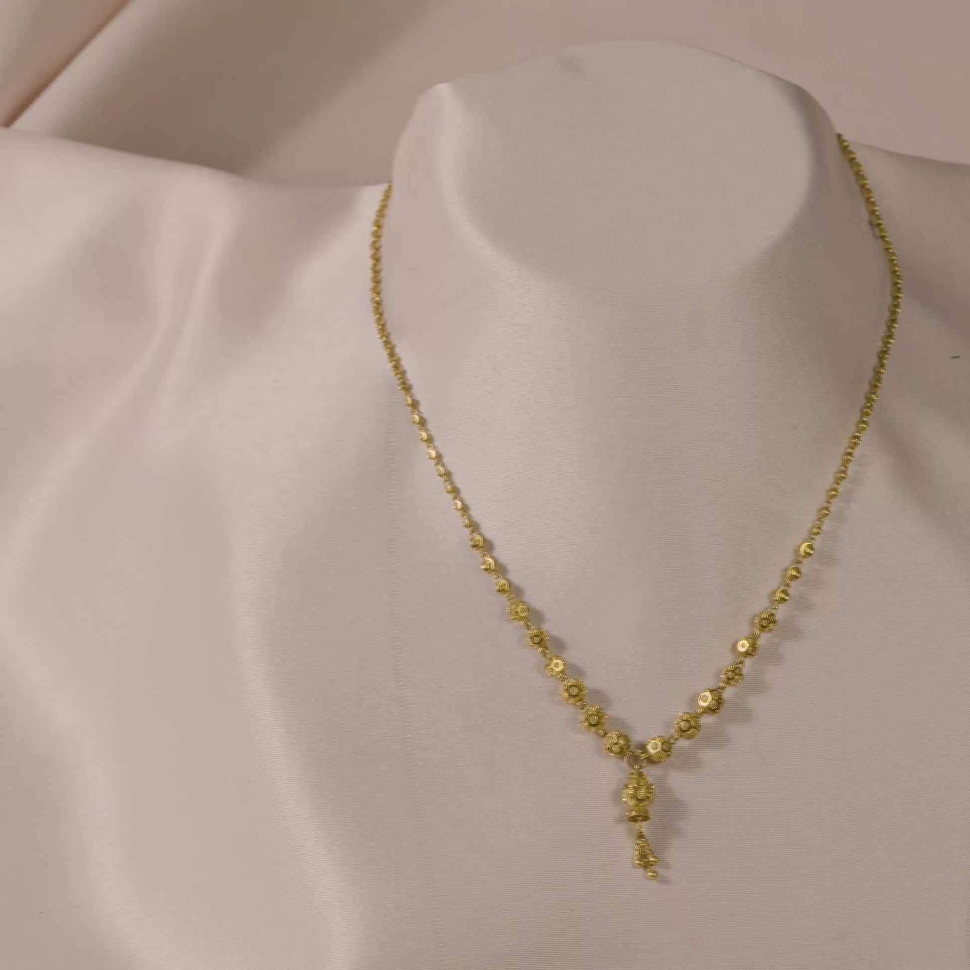 22k Yellow Gold Floral Bead Drop Gold Necklace with Textured Detailing