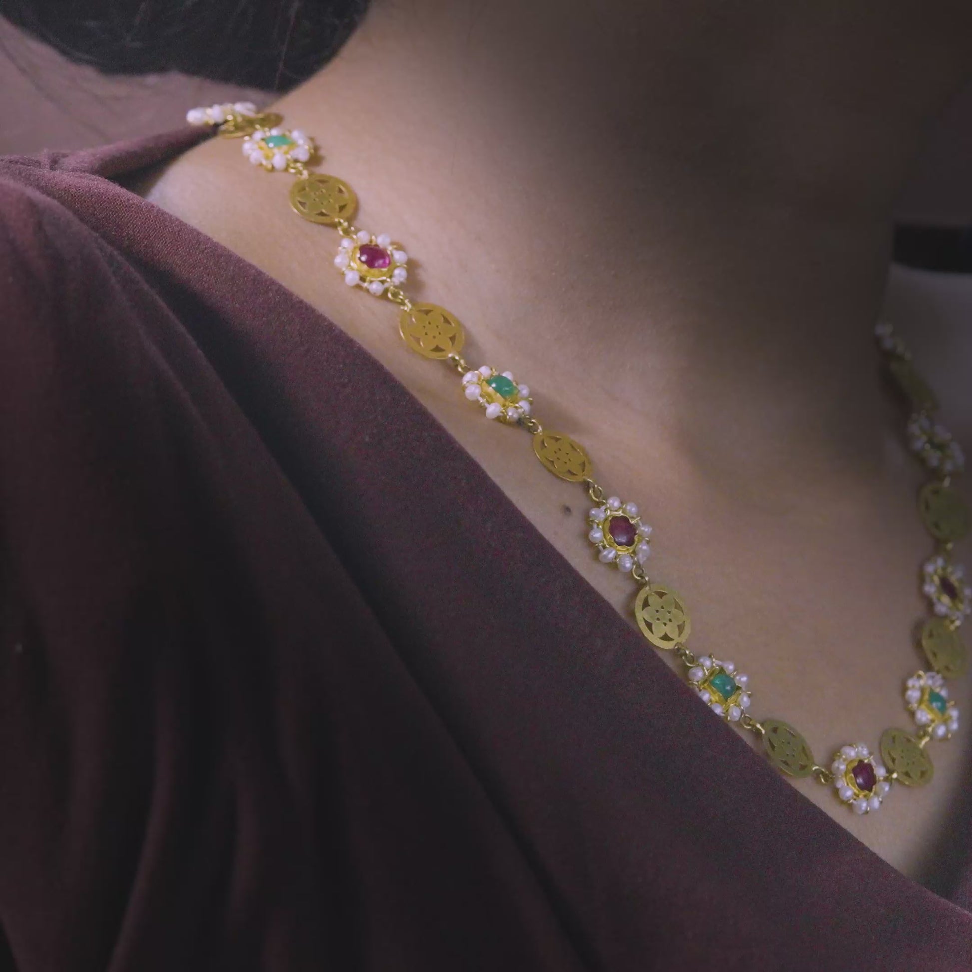 18k Yellow Gold Floral Motif Gold Necklace with Pearl, Ruby & Emerald Accents