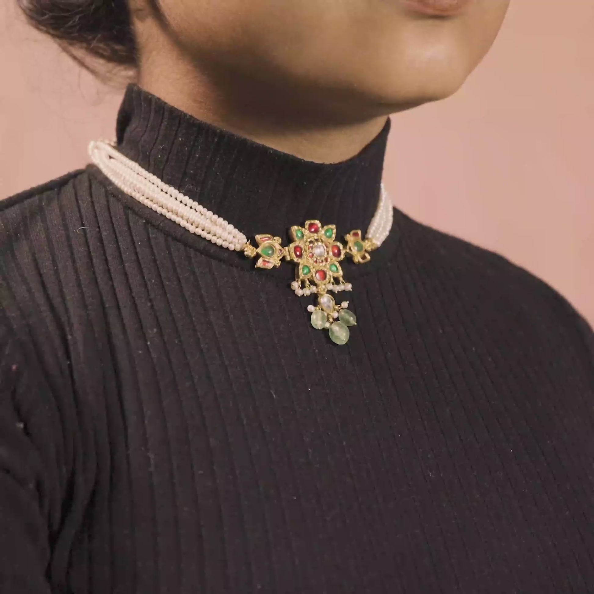 22k Yellow Pearl Strand Necklace with Multicolor Gemstone