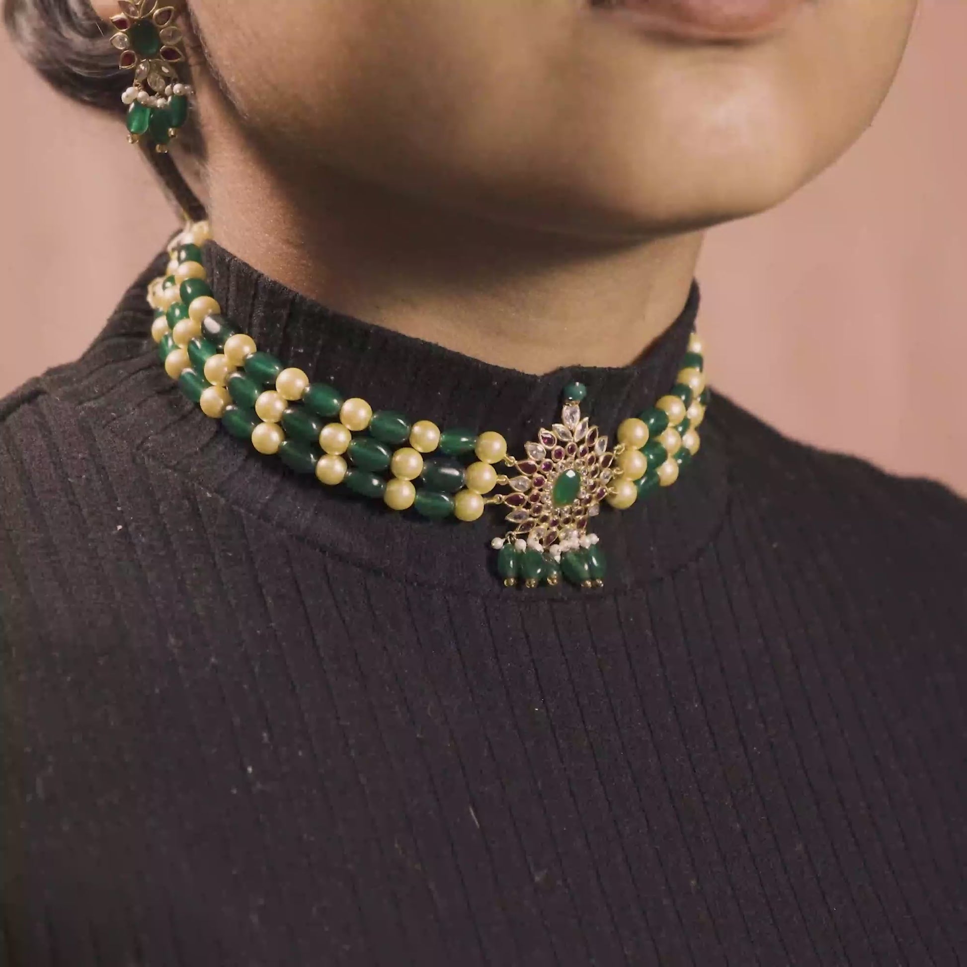 14k Gold Emerald & Pearl Multi-Strand Kundan Necklace Set with Floral Pendant