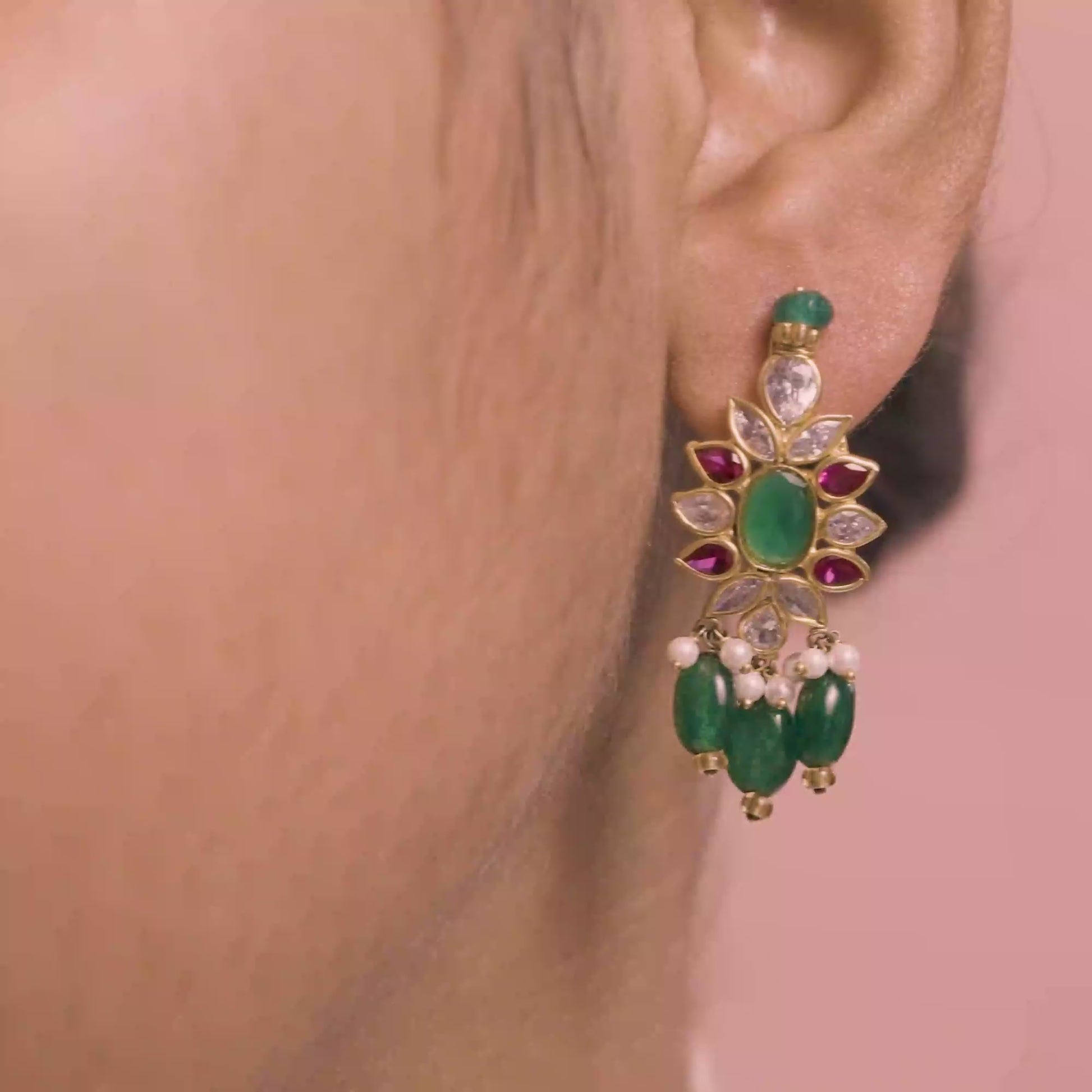 14k Gold Emerald & Pearl Multi-Strand Kundan Necklace Set with Floral Pendant