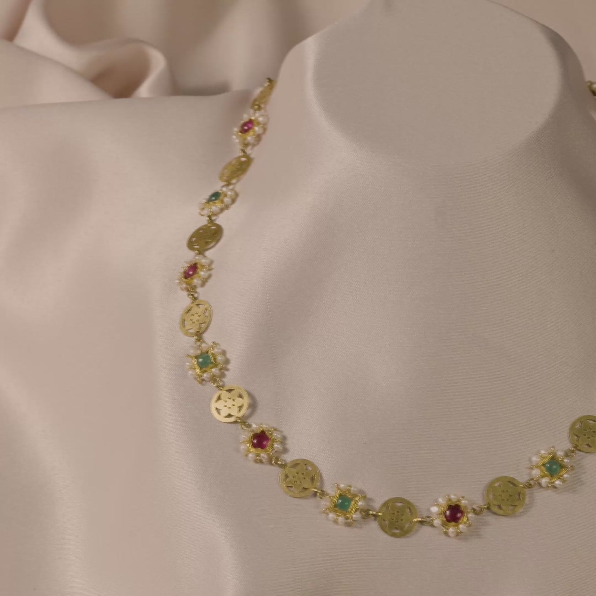 18k Yellow Gold Floral Motif Gold Necklace with Pearl, Ruby & Emerald Accents